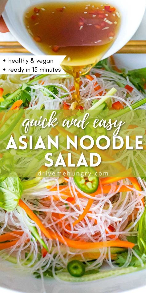 This easy Asian noodle salad is made with vermicelli rice noodles, fresh herbs and vegetables! It’s tossed with a delicious tangy and savory Asian dressing and can be served cold! #noodlesalad #vietnamesenoodlesalad #asiannoodlesalad #asianrecipes #drivemehungry | drivemehungry.com Cold Rice Noodle Salad Recipes, Rice Noodles Salad Cold, Asian Salad With Rice Noodles, Cold Asian Chicken Noodle Salad, Vietnamese Cold Noodle Salad, Korean Cold Noodle Salad, Clear Noodle Salad, No Cook Noodle Salad, Japanese Cold Salads