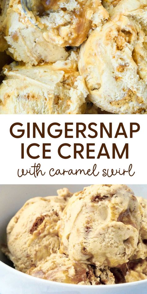 This delicious ice cream will remind you of fall and winter. Swirls of caramel and bits of gingersnap cookies make it irresistible. Worth the wait. Christmas Ice Cream, Ice Cream Recipes Machine, Scream 4, Gingersnap Cookies, Ice Cream Maker Recipes, Delicious Ice Cream, Homemade Ice Cream Recipes, Lost 100 Pounds, Kitchen Time