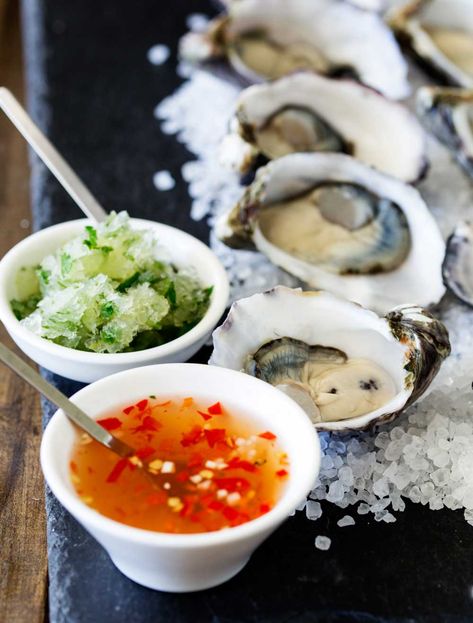 Thai Oysters with a Lime and Cucumber Granita | Sprinkles and Sprouts Thai Oysters, Cucumber Granita, Yay Recipes, Spicy Dressing, Small Bites Appetizers, Raw Oysters, Oyster Recipes, Fresh Oysters, Seafood Dinner