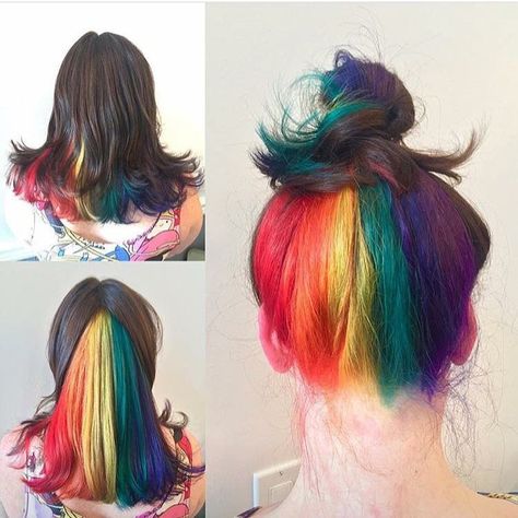 Rainbow Peekaboo Hair Dark Brown, Rainbow Money Piece Hair, Skunk Hairstyle, Under Hair Color, Weird Haircuts, Rainbow Beauty, Hair Colour Design, Rave Hair, Rainbow Hair Color