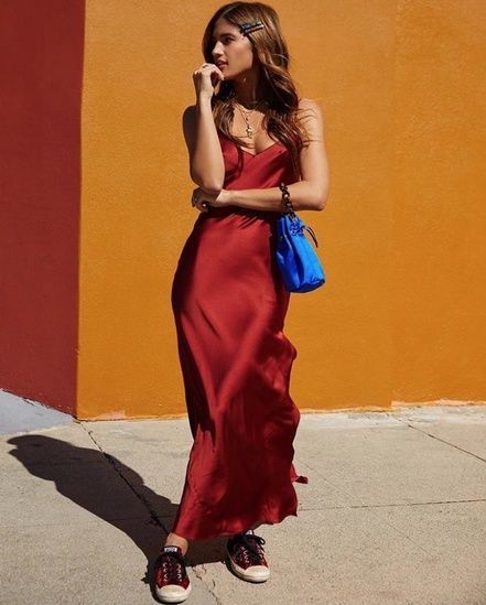 Jewel Tone Outfits, Jewel Tone Dress, Concert Outfit Fall, Rocky Barnes, Red Satin Dress, Silk Slip Dress, Street Style Chic, Silk Slip, Street Chic