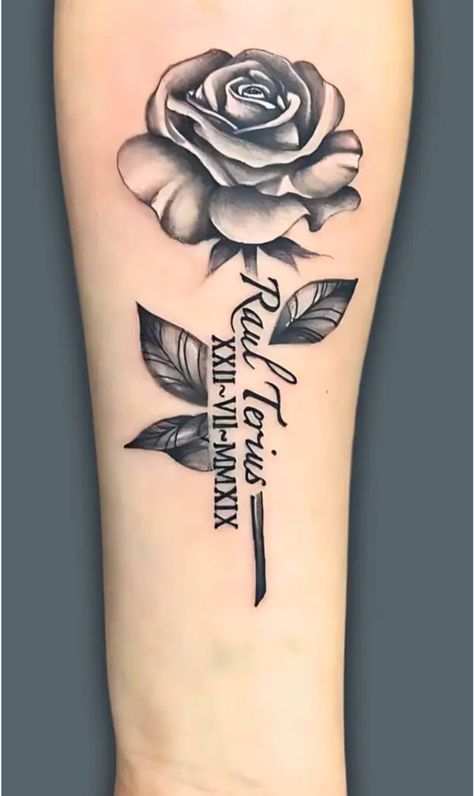 Tattoo For Niece Ideas, Rose Signature Tattoo, Tattoo Heart With Letter, Hernandez Tattoo Lettering, Rose And Name Tattoo, Husbands Name Tattoo Ideas For Wife, Flower With Name Tattoo, Flower Tattoo With Name, Kid Name Tattoo Ideas Mothers