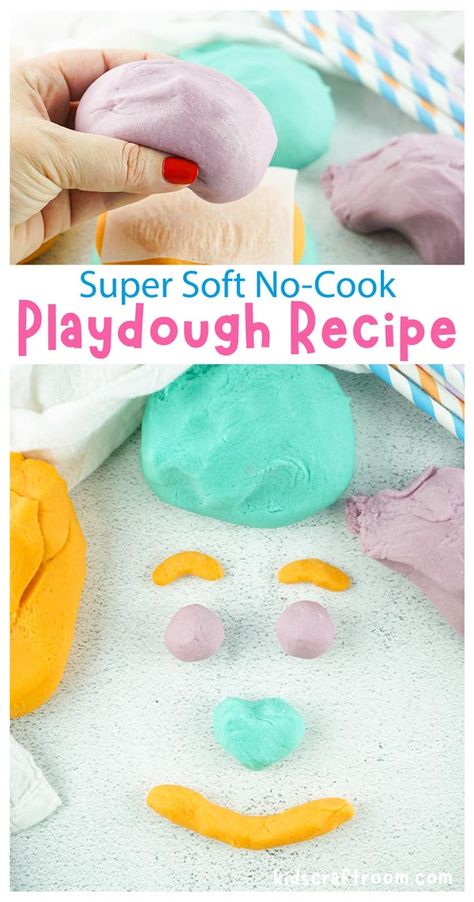 This super soft No-Cook Playdough Recipe is ridiculously easy to make and only takes a few minutes! An easy sensory play idea for the home or classroom. #kidscraftroom #sensoryplay #preschool #playdough #playdoh No Cook Playdoh, Cook Playdough Recipe, Soft Playdough Recipe, No Cook Playdough, Preschool Playdough, Diy Play Doh, Best Playdough Recipe, Playdough Slime, Soft Play Dough