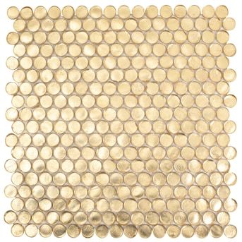 Apollo Tile Gold 12-in x 12-in Glossy Glass Penny Round Stone Look Floor and Wall Tile (10.34-sq. ft/ Carton) in the Tile department at Lowes.com Gold Penny Tile Backsplash, Gold Penny Tile, Gold Backsplash, Gold Mosaic Tile, Bathroom Furniture Uk, Penny Floor, White Grout, Unsanded Grout, Tile Adhesive