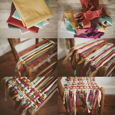 Dit kan met nieuwe stof, maar ook reepjes knippen van oude t-shirts en op deze manier #weven is een mogelijkheid Wooden Chair Makeover, Woven Chair, Diy Braids, Chair Makeover, Old Chairs, Old Chair, Diy Upcycling, Diy Makeover, Diy Chair