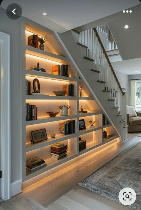 Stairs In Hall, Under Stair Shelving, Staircase Down Area Design, Staircase Cabinet Design, Indoor Stairs Ideas, Bookcase Under Stairs, Under Staircase Design, Under Stairs Decor, Open Under Stairs Ideas