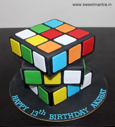 Rubik's cube puzzle shaped 3D designer fondant cake by Sweet Mantra - Customized 3D cakes Designer Wedding/Engagement cakes in Pune - http://cakesdecor.com/cakes/332128-rubik-s-cube-puzzle-shaped-3d-designer-fondant-cake Rubiks Cube Party, Cakes For Teens, Lemon And Coconut Cake, Cube Cake, Teen Cakes, 13 Birthday Cake, Birthday Cakes For Teens, Rubix Cube, Cool Birthday Cakes