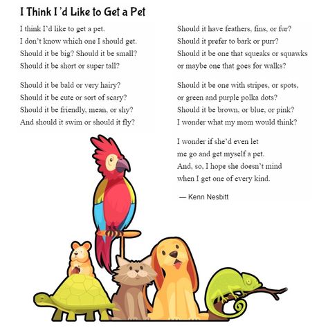 New funny poem for kids: "I Think I'd Like to Get a Pet" https://www.poetry4kids.com/poems/i-think-id-like-to-get-a-pet/ #fun #pets #animals #family #poem #children #kidlit Inspirational Poems For Kids, Poems About Animals, Short Poems For Kids, Funny Poems For Kids, Bird Poems, Poetic Techniques, Poem For Kids, Short Skits, English Poems For Kids