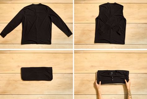 grid with 4 steps on How to Fold a Long-Sleeve Shirt Horizontally How To Fold Tshirts So They Dont Wrinkle, Folding Long Sleeve T Shirts, Folding Hacks Long Sleeve Shirts, Ways To Fold Long Sleeve Shirts, Fold Long Sleeve Shirts To Save Space, How To Roll Long Sleeve Shirts, How To Fold Long Sleeves, Folding Long Sleeve Shirts To Save Space, How To Fold Sleeves Up Women