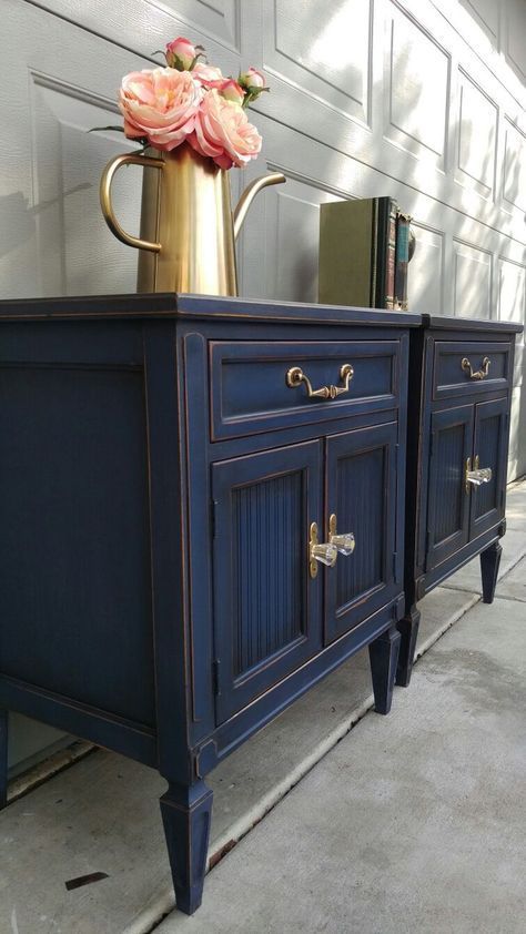 Dark Blue Bedside Cabinets, Napoleonic Blue Chalk Paint Furniture, Blue And Gold Painted Furniture, Dark Blue Tv Stand, Dark Blue Sideboard, Annie Sloan Napoleonic Blue, Blue Painted Furniture Ideas, Dark Blue Bedroom Furniture, Dark Blue Dressers Painted