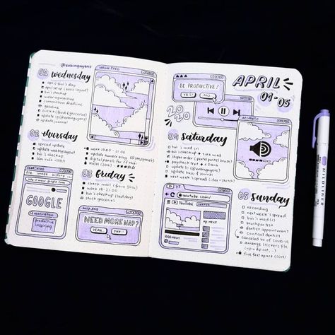 Purple Bujo Ideas, Computer Bujo Theme, Journal Computer Theme, Computer Theme, Bujo Spreads, Bullet Journal Font, Bullet Journal Banner, Journal Fonts, Bullet Journal Notes