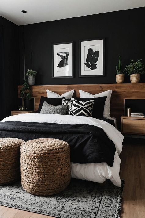 Black Bedroom With Accent Color, Bedroom Colour Ideas For Couples, Diy Wall Painting Ideas, Small Bedroom Solutions, Beige And Brown Bedroom Ideas, Modern Small Bedroom, Brown Bedroom Ideas, Street Bedroom, Bedroom Solutions