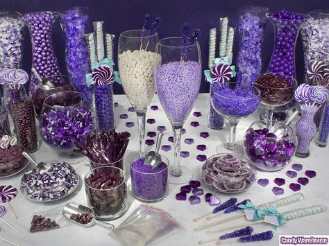 Purple Candy Buffet    Featuring the color of royalty, this extravagant candy includes delicious purple sweets in an assortment of sizes, flavors, and shapes. Treat your party guests like kings and queens with an outstanding array of purple delights. Purple Candy Bar, Purple Candy Buffet, Candy Buffet Wedding, Candy Bar Wedding, Candy Station, Purple Candy, Purple Party, White Candy, Candy Table