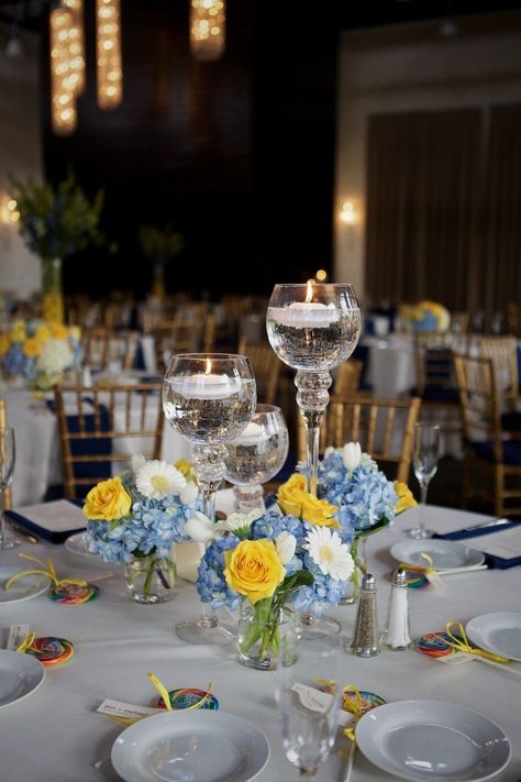 Blue And Yellow Wedding Flowers, Wedding Place Setting Ideas, Destiny Wedding, Blue Yellow Weddings, Yellow Wedding Decorations, Foundry Wedding, Yellow Centerpieces, Priscilla Of Boston, Sunflower Wedding Decorations