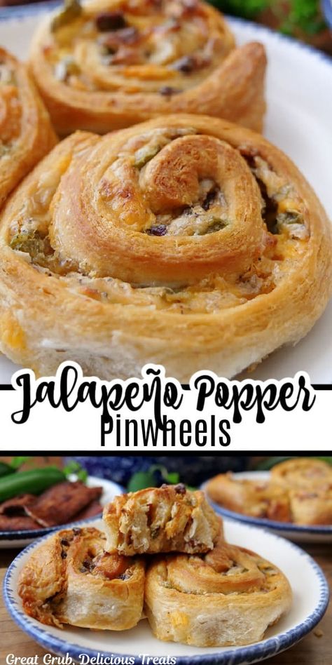 Jalapeno Popper Pinwheels are loaded with tons of flavor, and this delicious pinwheel recipe is made with diced jalapenos, shredded cheese, a cream cheese mixture and crispy bacon all rolled in a flaky dough and baked. Jalapeno Popper Pinwheels, Pinwheel Recipe, Savory Bacon, Cream Cheese Pinwheels, Cheese Pinwheels, Pinwheel Appetizers, Spicy Appetizers, Bacon Appetizers, Midday Snack