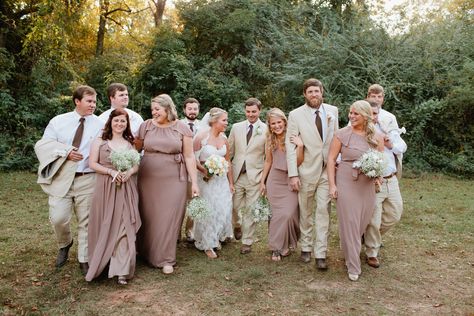 Mauve and Tan Wedding Party Tan Wedding Party, Tan Bridesmaids, Bridesmaid Dress Color Schemes, Champagne Wedding Gown, Tan Suits, Beige Bridesmaid Dress, Beige Bridesmaids, Iris Wedding, Mauve Bridesmaid