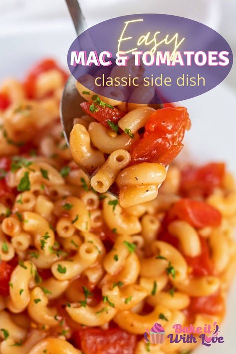 Tasty macaroni and tomatoes spooned from white pasta bowl. Side Dishes With Elbow Macaroni, Macaroni And Canned Tomatoes, Southern Macaroni And Tomatoes, Tomato Macaroni Soup Recipe Vegetarian, Baked Macaroni With Tomato Sauce Pasta Dishes, Macaroni And Bacon Recipe, Macaroni Tomato Recipes, Lamberts Macaroni And Tomatoes, Sweet Tomatoes Recipes