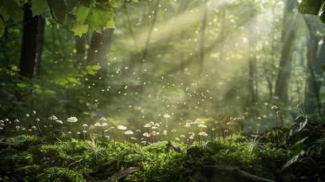 "Enchanted forest scene: Sunlight filters through the trees, illuminating a magical #woodland floor covered with tiny, delicate #fungi. #naturephotography #fantasy #digitalart #aesthetic #aiart #aiphoto #stockcake ⬇️ Download and 📝 Prompt 👉 https://stockcake.com/i/enchanted-forest-scene_1125514_663305". Fairy Forest Desktop Wallpaper, Nature Aesthetic Horizontal, Enchanted Forest Aesthetic, Digitalart Aesthetic, Glowing Mushrooms, Magical Woodland, Beauty Background, Forest Background, Mystical Forest