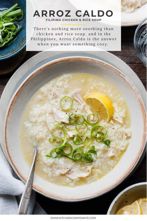 Chicken Arroz Caldo, Filipino Beef Stew, Filipino Soup Recipes, Caldo Recipe, Easy Filipino Recipes, Rice Soup Recipes, Chicken Rice Soup, Soup Kitchen, Chicken And Rice