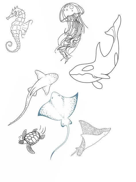 Fine Line Sea Creature Tattoo, Simple Sea Tattoo Ideas, Sea Animal Line Art, Meaningful Ocean Tattoos, Simple Ocean Animal Tattoo, Thigh Tattoos Women Ocean, Sea Animal Tattoos For Women, Sea Life Tattoos For Women, Manta Ray Tattoo Design