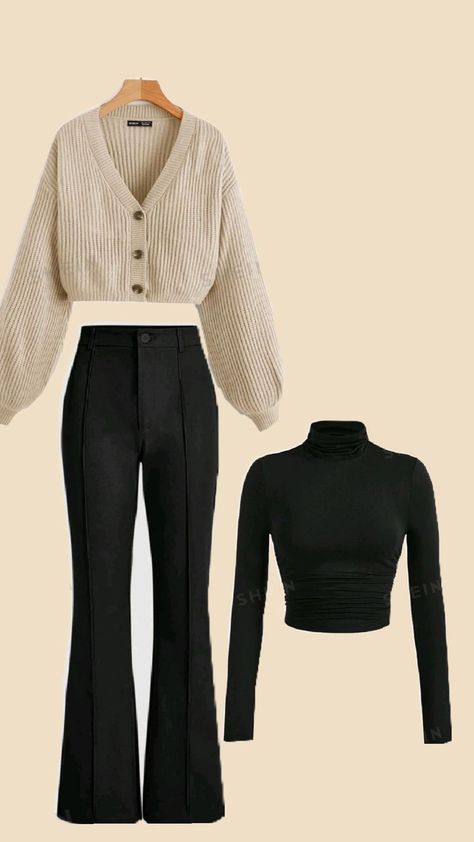 SHEIN EZwear Lantern Sleeve Button Front Rib Knit Cardigan:3001764SHEIN EZwear Black Mock Neck Ruched Tee:22762659SHEIN MOD High Waist Seam Detail Flare Leg Petite Bell Bottoms Black Pants:11648002 Black Bell Bottoms Outfit, Button Cardigan Outfit, Bell Bottoms Black, Bell Bottom Pants Outfit, Black Bell Bottoms, Bottoms Outfit, High Waisted Bell Bottoms, Bell Bottoms Outfit, Black Mock Neck