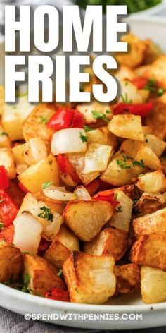 Air Fryer Home Fries are perfectly seasoned with olive oil, seasoned salt & garlic powder, then air fried until crispy. Enjoy these home fries with eggs and bacon or sausages! #spendwithpennies #airfryerhomefries #recipe #crispy #hashbrowns #homefries Homefries In The Air Fryer, Homefries Recipe Airfryer, Air Fryer Hashbrowns, Air Fryer Home Fries, Fries Sauce, Eggs And Bacon, Crispy Hashbrowns, Summer Salads With Fruit, Air Fried Food