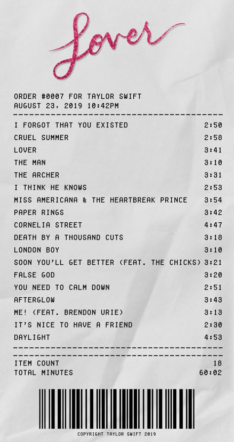 Lover Receipt, Taylor Swift Lover Songs, Taylor Swift Songs List, Album Receipts, Lover Album, Taylor Swift Drawing, Taylor Swift Things, Taylor Swift Party, Taylor Swift Birthday