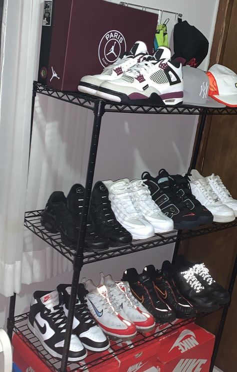 Sneaker Rack, Hellboy Tattoo, Mens Room Decor, Sneakerhead Room, Mens Bedroom Decor, Shoe Room, Shoes Wallpaper, Drippy Outfit, Shoes For Boys