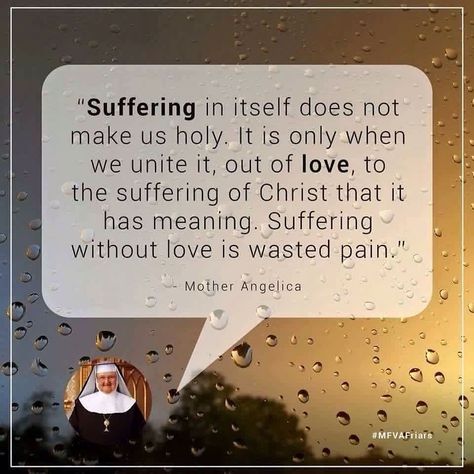 So much human suffering is wasted because we do not offer it to the Father with love. When united with Christ and all of His sufferings especially those during the Passion our sufferings become 'redemptive suffering.' Saint Paul spoke of this. by jesus.loves.tlm Ephesians 2 8, Mother Angelica, Saint Quotes Catholic, Saint Quotes, Catholic Quotes, Religious Quotes, Spiritual Inspiration, Catholic Faith, Jesus Loves