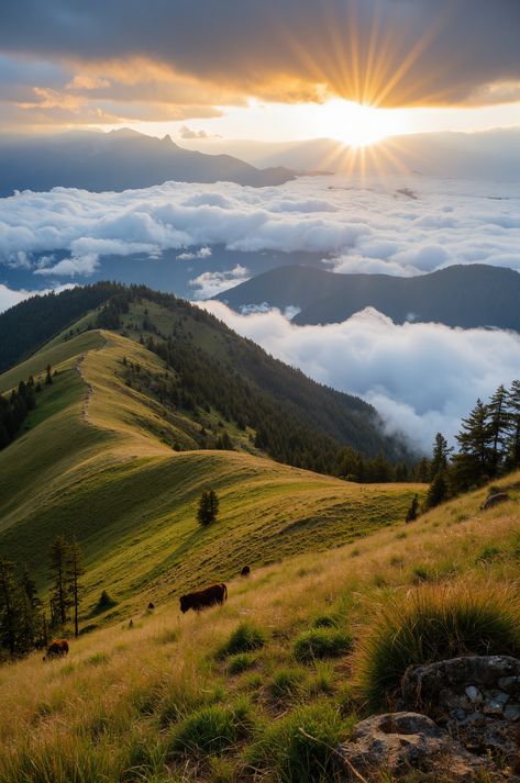 Hike through rolling grasslands and witness a stunning sunrise over a sea of clouds at Mount Ulap, Philippines. Encounter grazing cattle, majestic pine trees, and experience the magic of Philippine nature. #MountUlap #Philippines #travel Phillipines Travel Aesthetic, Hiking Philippines, Grazing Cattle, Mt Pulag, Phillipines Travel, Sunrise Hike, Sea Of Clouds, Mountain Photography, Philippines Travel