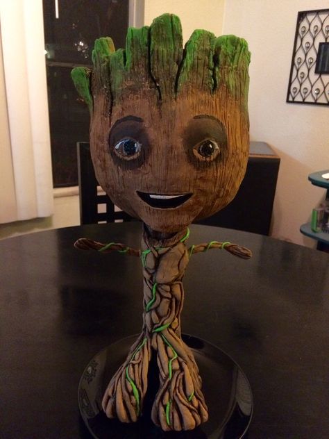 Baby Groot Pumpkin 10/9/2017 Groot Pumpkin Painting, Movie Pumpkin Decorating Ideas, Winning Pumpkin Contest Ideas No Carve, Marvel Pumpkin Painting, Groot Pumpkin Carving, Shrek Pumpkin, Groot Pumpkin, Pumpkin Contest Ideas No Carve, Halloween Wars