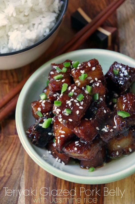 Teriyaki Glazed Pork Belly Recipe with Jasmine Rice Recipe With Jasmine Rice, Pork Teriyaki, Pork Belly Recipes Easy, Glazed Pork Belly, Jasmine Rice Recipes, Teriyaki Pork, Sticky Pork, Teriyaki Glaze, Glazed Pork