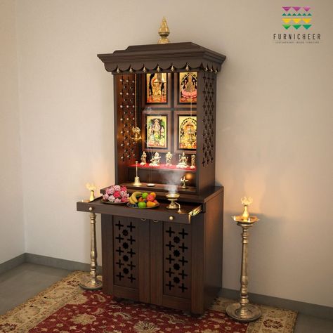 Buy MORYA Free-standing Solid Wood Temple Accentuated With Pure Brass Lamps Online in India - Etsy Pooja Stand Wall Mount, Wall Mounted Pooja Unit With Door, Movable Pooja Unit, Mandir With Storage Unit, Pooja Stand Ideas Indian, Diy Pooja Mandir Ikea Hacks, Diy Temple For Home, Pooja Mandir Ideas Design, Small Pooja Unit