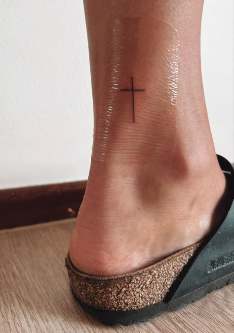 Cross On Ankle Tattoo Simple, Cross Women Tattoo, God Is Good Tattoo Design, Small Cross Ankle Tattoo, Cross Hip Tattoo, Cross Tattoos For Women Ankle, Cross Line Tattoo, Cross Tattoo Placement For Women, Simple Woman Tattoo