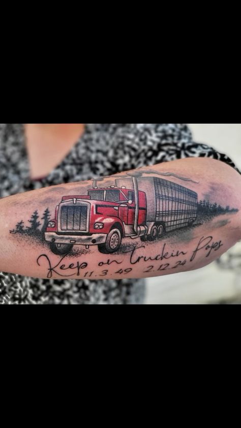 Truckers Tattoo Ideas, Trucker Memorial Tattoos, Trucker Tattoo Ideas, Truck Driver Tattoo Ideas, Trucking Tattoos, Trucker Tattoo Ideas Semi Trucks, Trucker Tattoo, Tattoos For Dad Memorial, Memorial Tattoo