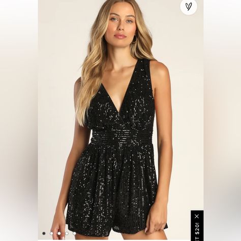 Black Sequin Romper From Lulus. Brand New With Tags, Size Medium (4-6) Lulu Pants, Womens Trendy Dresses, Sequin Rompers, Dressy Shorts, Lulu Fashion, Backless Jumpsuit, On The Dance Floor, Jumpsuits And Romper, Sleeveless Rompers