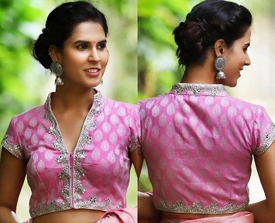 Stand Neck Blouse Design, Stand Collar Blouse Designs For Saree, Stand Collar Blouse Indian, Neck Blouse Designs, Stand Collar Blouse, Indian Party Wear, Silk Saree Blouse Designs, Silk Saree Blouse, Lehenga Blouse