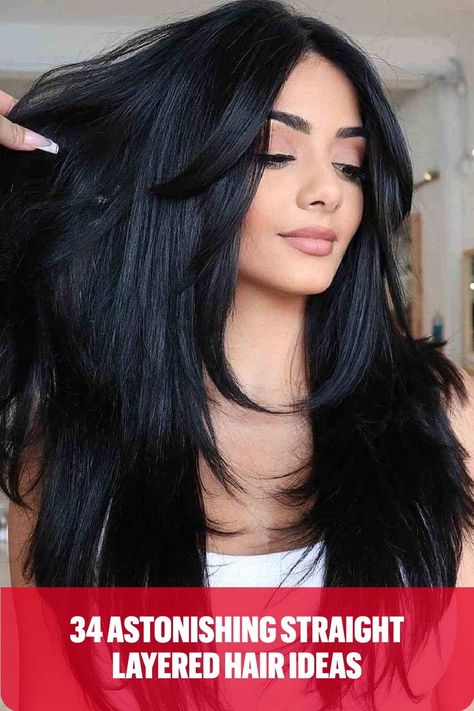 Sexy Jet Black Layers for Straight Hair Long Straight Black Hair, Feather Braid, Haircut Selfie, Photo Hijab, Straight Layered Hair, Framing Layers, Cute Hairstyle, Hairstyles For Layered Hair, Face Framing Layers