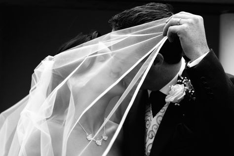 Wedding kiss under the veil. Black and white. Veil Black, Under The Veil, Wedding Kiss, Kissing Couples, The Veil, North Wales, Couple Poses, Photography Inspo, Couple Posing