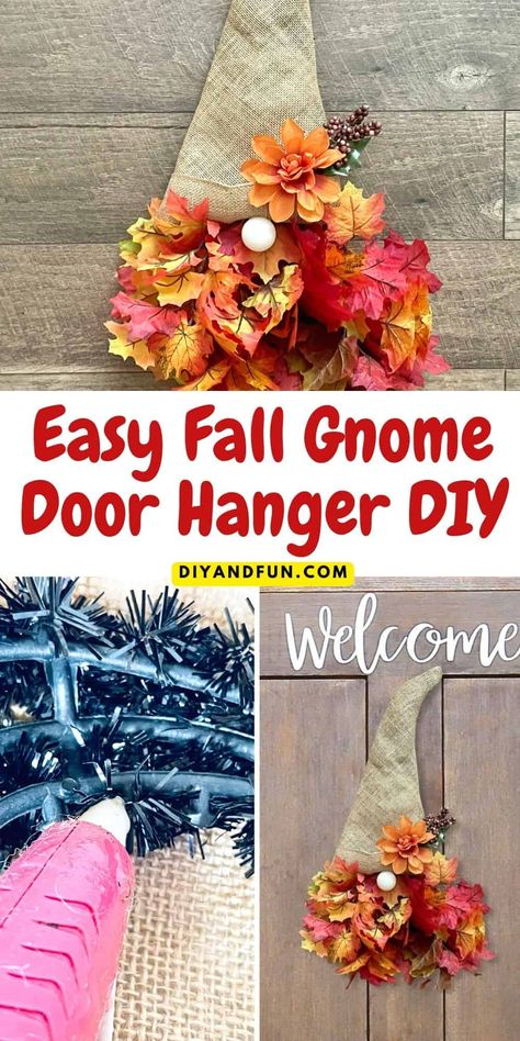 Easy Fall Gnome Door Hanger DIY, a simple and adorable 20 minute craft project for most ages that can be made with dollar store materials. Leaf Gnome Door Hanger, Fall Gnome Door Hanger Diy, Diy Fall Gnome, Fall Gnome Door Hanger, Diy Fall Door Hangers, Gnome Door Hanger, Orange Craft, Gnome Door, Lantern Craft