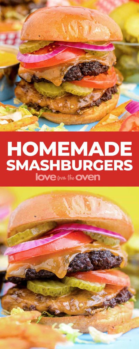 Smashburger Recipe • Love From The Oven Smash Burgers In The Oven, Oven Baked Smash Burgers, Oven Smash Burgers, Oven Cheeseburgers, Smashburgers Recipe, Oven Hamburgers, Oven Burgers, Smash Burger Recipe, Love From The Oven