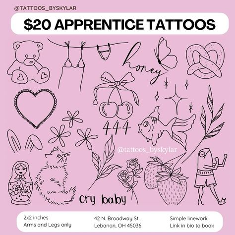 ✨Booking now✨ for $20 apprentices tattoos! These are pre-drawn flash designs, simple linework. All designs are approximately 2x2, and for arms or legs only. 🔗 in bio to claim a spot! Which is your fav?! #tattooartist #tattooshop #tattooapprentice #cincinnatitattooartist #lebanonohio Lebanon Ohio, Flash Designs, Flash Design, Tattoo Apprentice, Best Tattoo, Tattoo Shop, All Design, Tattoo Artists, Flash