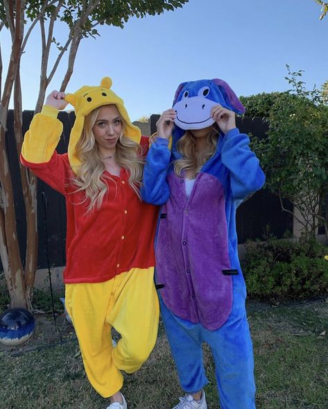 Lexi on Instagram: “THE WINNIE TO MY EEYORE 💓 @emberjohnson  the peanut butter to my jelly, the best to my friend - (swipe for an obnoxious tik tok)” Eeyore Halloween Makeup, Cute Onesies For Halloween, Halloween Costume Ideas Onesie, Onsie Costumes Halloween, Halloween Onesie Ideas, Pooh Costume Women, Winnie The Pooh And Eeyore Costume, Couple Onsies Costumes, Duo Onesie Costumes