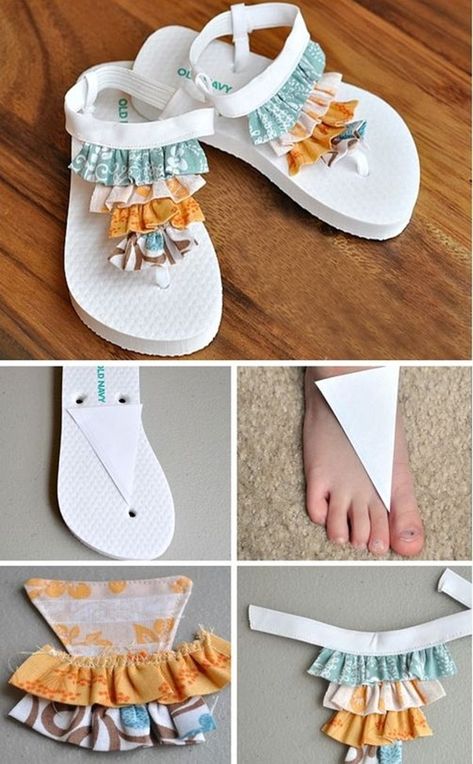 DIY Summer Flip Flop Makeover Ideas Tutorials - DIY Ruffled Flip Flops  #Refashion, #Shoes Rajutan Sandal, Flip Flop Craft, Diy Ruffle, Bohemian Crafts, Shoe Refashion, Decorating Flip Flops, Kids Clothes Diy, Shoe Makeover, Diy Summer Crafts