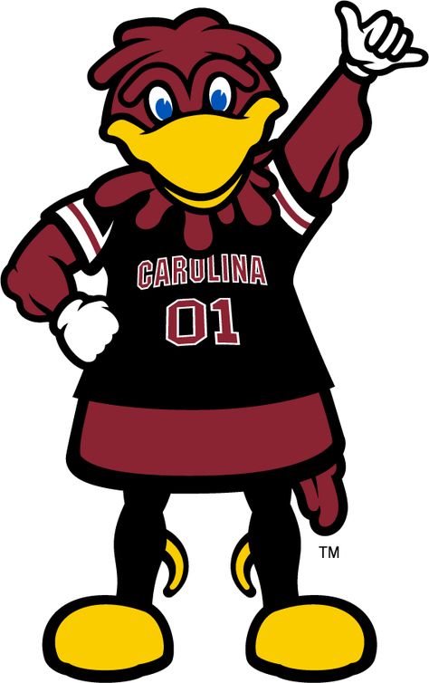 South Carolina Gamecocks Logo Mascot Logo (2014-Pres) - Gamecock mascot named Cocky wearing black football jersey & giving Spurs Up! hand symbol. SportsLogos.Net Gamecocks Logo, Usc Gamecocks, Steel Logo, South Carolina Homes, Laser Cut Steel, Logo Shapes, Nfl Miami Dolphins, Team Mascots, Carolina Gamecocks