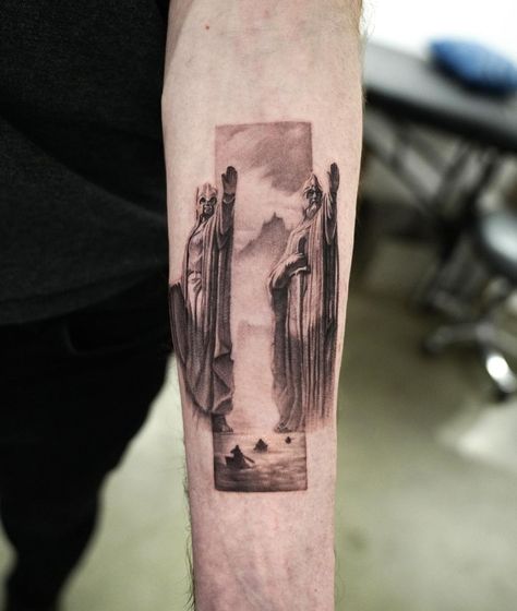 The Lord Of The Rings Canada booking open🇨🇦 | Instagram Moria Tattoo Lord Of The Rings, Lotr Tattoo Men, The Argonath Tattoo, Lotr Nazgul Tattoo, Lord Of The Rings Dragon Tattoo, Lotr Ent Tattoo, Lord Of The Rings Small Tattoo, Rings Of Power Tattoo, Riders Of Rohan Tattoo