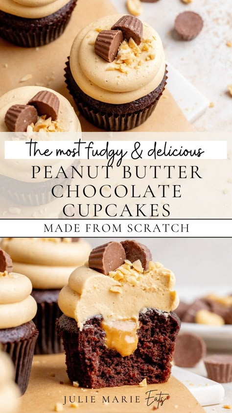 Get this easy birthday cupcake recipe idea of peanut butter chocolate cupcakes. Learn how to make these super soft chocolate cupcakes are filled with creamy peanut butter and topped with the best peanut butter buttercream. Follow for more easy dessert ideas and dessert baking tips. Peanut Butter Cupcakes With Filling, Chips Ahoy Cupcakes, Resses Peanut Butter Cupcakes, Chocolate Cupcakes Peanut Butter Icing, Peanut Butter Filled Chocolate Cupcakes, Fillings For Chocolate Cupcakes, Different Cupcakes Ideas, Peanut Butter Dessert Cups, Cupcake Recipes Blueberry