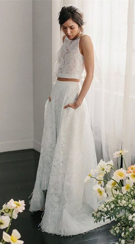 This is simple wedding dress is made of lace. #dress #wedding #weddingdress #weddingday #dresses #bride #bridal #bridetobe #fashion #fancydress #weddingideas #gown #fashionista #fashionstyle #fashionpost #bridalfashion #fashionlover #bridesmaid #fashiondesign #longdress #outfitstyle #vestido de novia #robe de mariée 2 Piece Wedding Dress, Weddding Dress, Long Bridal Gown, Ivory Lace Wedding Dress, Breaking The Rules, Two Piece Wedding Dress, Dresses Fancy, Wedding Dress With Pockets, Bridal Separates