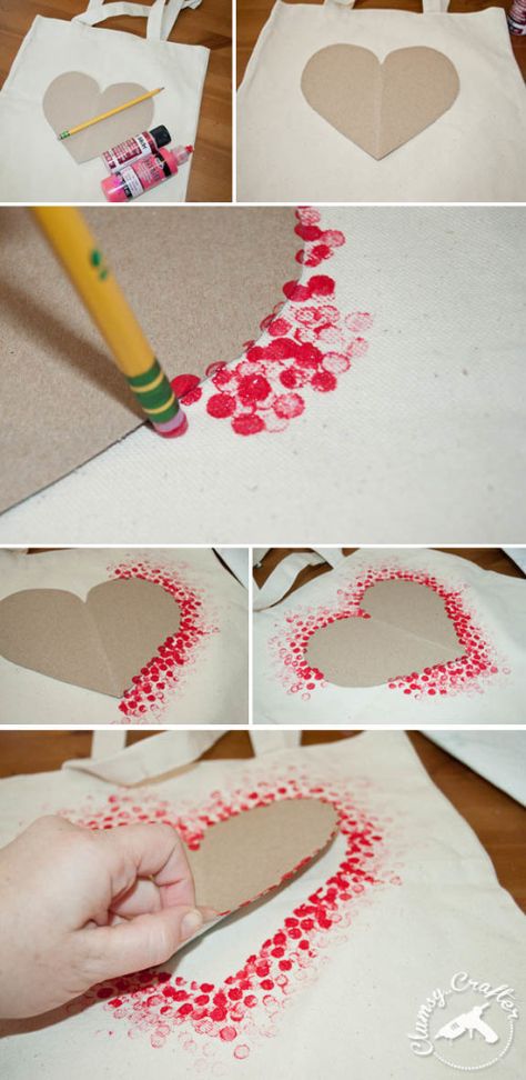 DIY Tote Bag - Make This Fabulous Heart Tote Bag with a Pencil! Diy Album Photo, Saint Valentin Diy, Valentines Bricolage, Recycled Magazine, Diy Tote, Crafts For Adults, Photo Album Diy, Album Diy, Airbrush Art