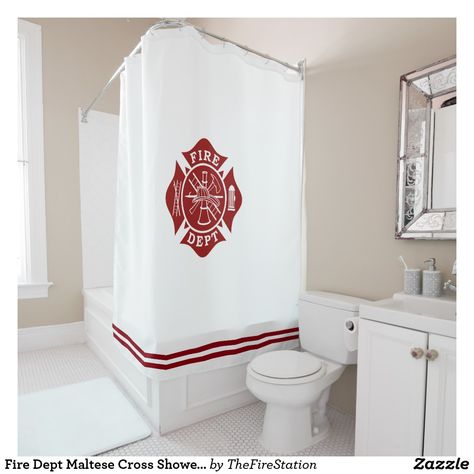 Fire Dept Maltese Cross Shower Curtain Kids Shared Bathroom, Firefighter Decals, Firefighter Home Decor, Fire Wife, Fire Gifts, Custom Shower Curtains, Boys Bathroom, Maltese Cross, Custom Shower